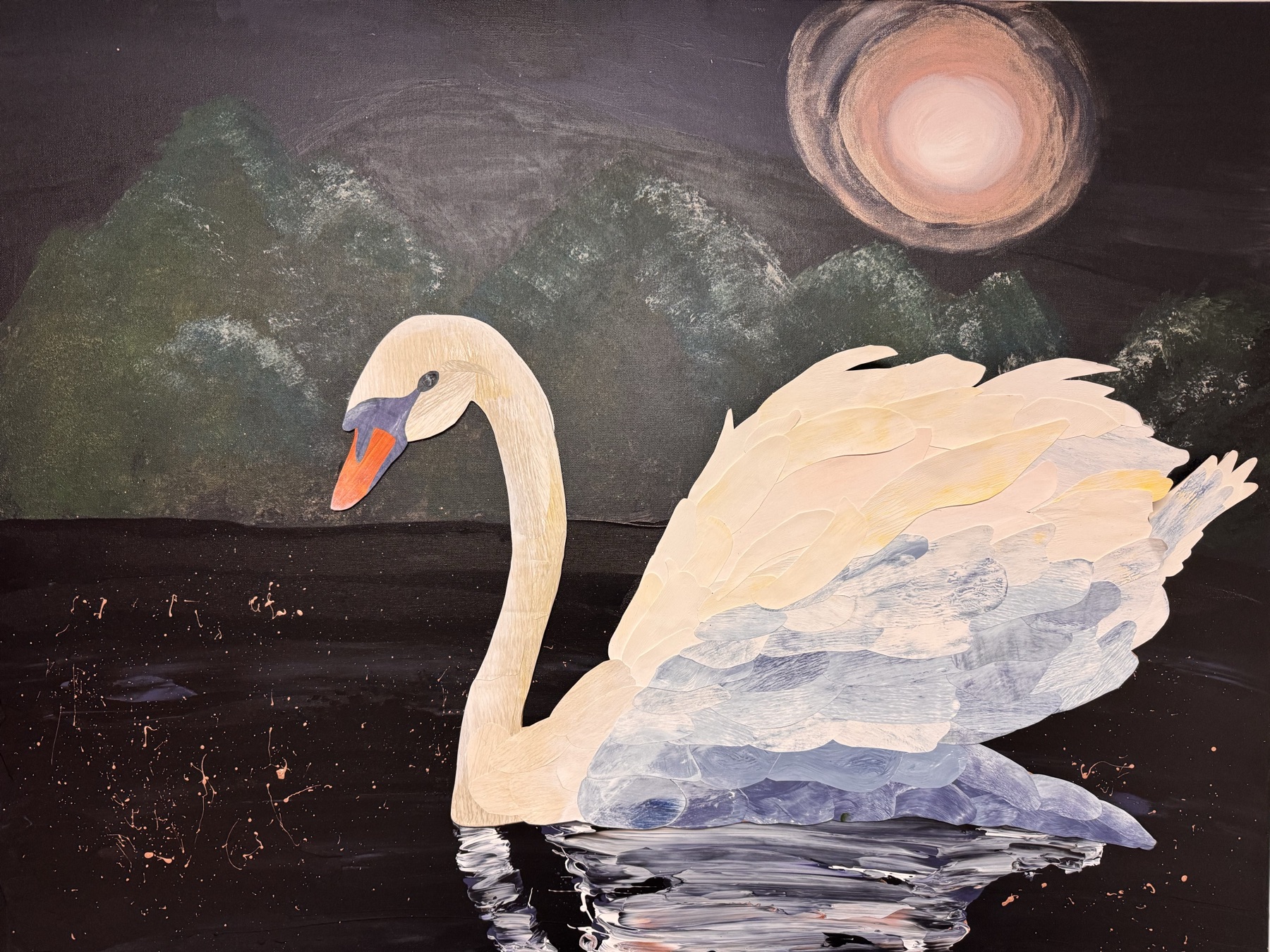 Floating on the Current of Love — a swan glides on a dark river beneath a full moon