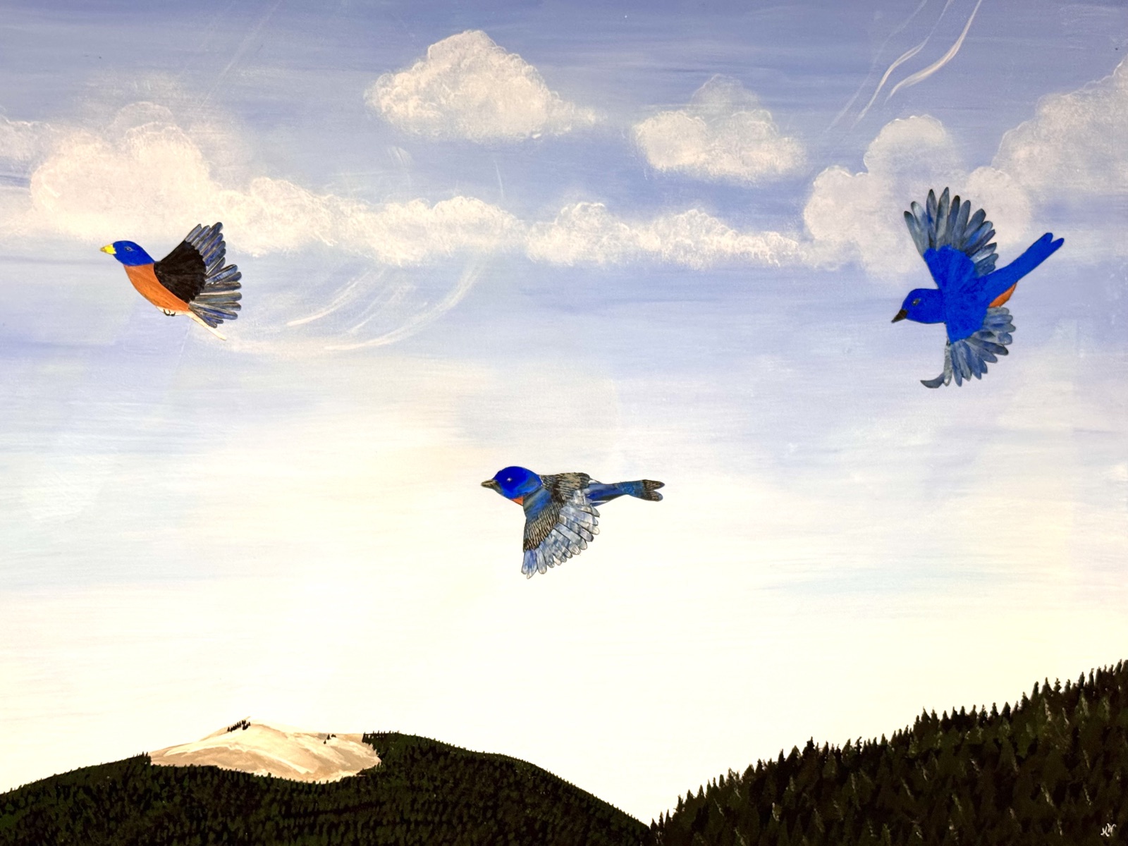 Free As A Bird — three bluebirds in flight over forested hills