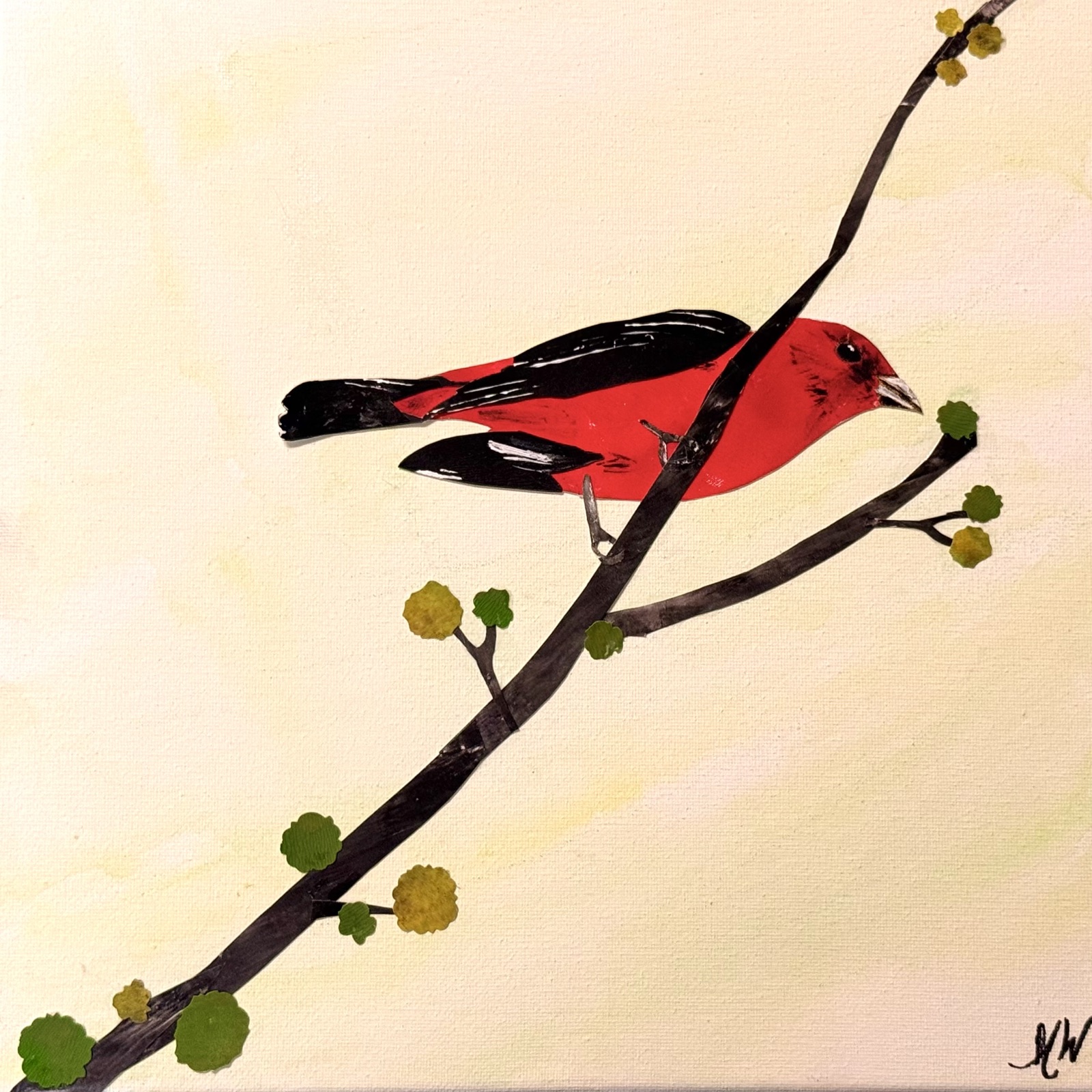 Scarlet Tanager Passing Through — a scarlet tanager perched on a budding branch
