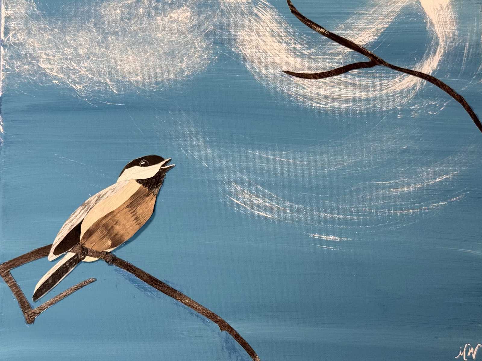 Singing for Joy — a black-capped chickadee sings from a branch against a bright blue sky